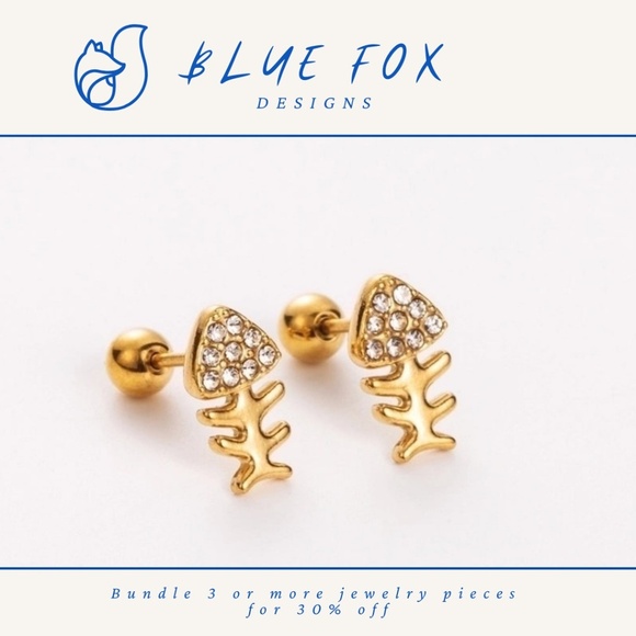 *NEW* 18K Gold Plated Stainless Steel Fish Bone Mini Studs w/ Cubic Zirconia - Picture 1 of 3